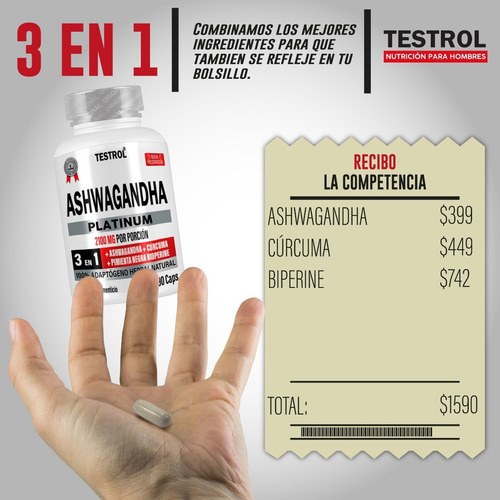 Imagen 4 de 8 de Ashwagandha Platinum 2100mg Testrol 3 In 1 90 Cápsulas