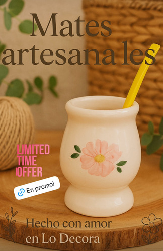 Mate De Cerámica Artesanal Criollo Con Frases Y Bombilla Beige Flor