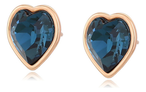 Aretes Oro 18k Lam Corazón Swarovski Azul Marino Broquel 