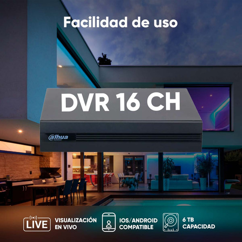 Kit Videovigilancia Cronos 16 Cámaras Dahua Bala B1A11 1MP Bobina Accesorios Kit CCTV KITXVR1B04-I-16CB DVR Dahua XVR1B16 Circuito Cerrado