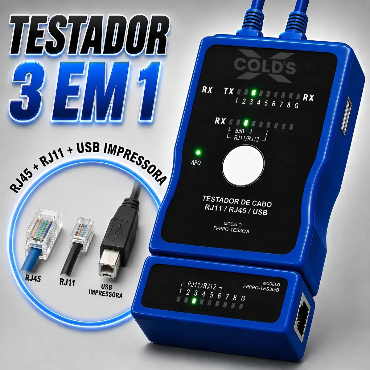 Testador 3 Em 1 Rj45 Rj11 Usb A/b Impressora Cabo De Rede Telefone Led + Bateria Xcolds