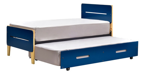 Cama Doble Individual Juno | Cama Baja Deslizable Con Ruedas Color Azul