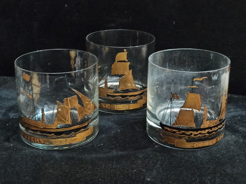 3 Antiguos Vasos De Whisky Pintado Mano Motivo Barcos Vapor