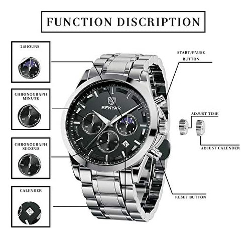By Benyar Relojes Para Hombre Cronógrafo Multifunción Fecha