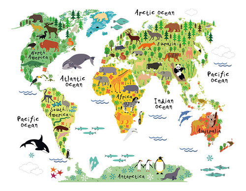 Adhesivos De Pared Extraíbles Con Mapa Del Mundo De Animales