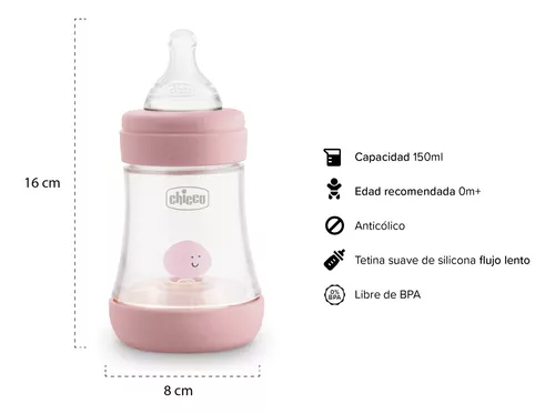 CHICCO - BIBERÓN PERFECT 5 SILICONA ANTICÓLICO EN ROSA (+0M, FLUJO LENTO,  150 ML)