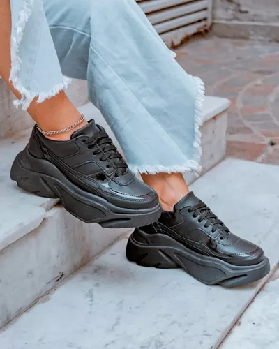 temerario envase Aptitud Zapatillas Sneakers Plataforma Mujer Cuero Vegano Negro Roma