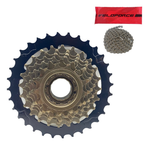 Catraca Roda Livre Rosca 7v 14-32 Megarange Evolo + Corrente Cor Dourado-escuro Quantidade máxima de dentes 32 Quantidade mínima de dentes 14