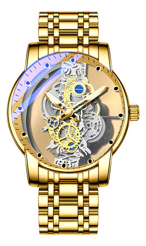 Reloj de moda automático con diseño de esqueleto transparente para hombre, correa de color dorado
