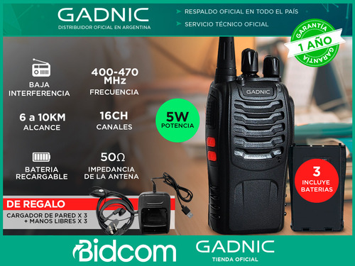 Handy Radio Uhf 16ch Manos Libres Vox Gadnic Kit X 3 Handies
