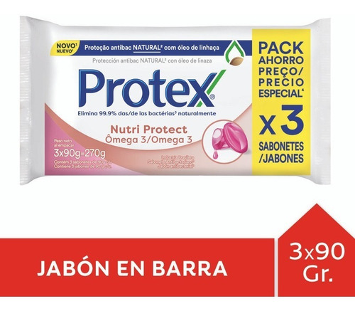 Jabón En Barra Protex Omega 3 90g Pack 3 Unid