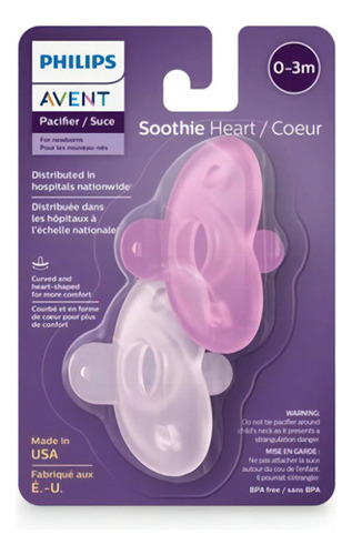 Chupetes Philips Avent Soothie Heart/Coeur, 0-3 meses, color rosa suave, período de envejecimiento de 0 a 3 m