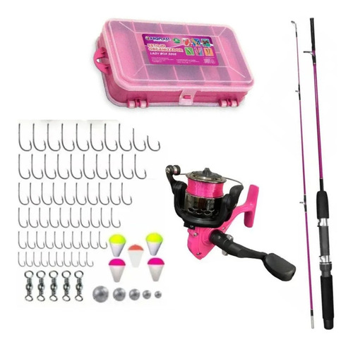 Kit Conjunto De Pesca Rosa Vara Molinete Linha E Acessórios