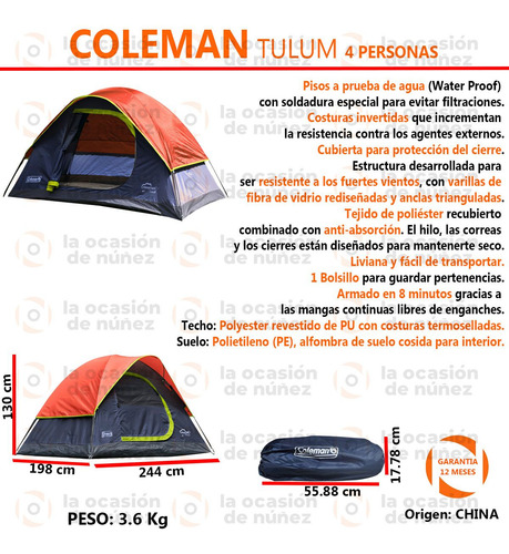 Carpa Camping 4 Personas Coleman Tulum Resistente