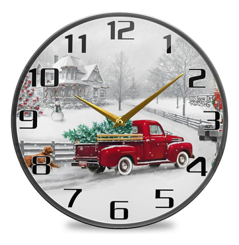 Reloj De Pared Navideño Diseño Copos Nieve Y Camión Rojo 30