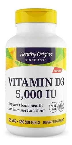 Vitamina D3 5000 Ui 360 Softgels - Healthy Origins Importada