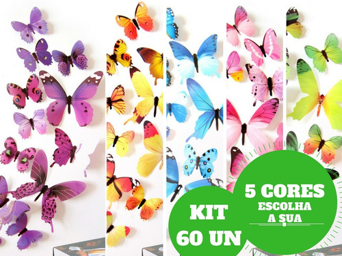 Imagem 2 de 7 de Kit Adesivo Borboleta Colorida 60un Decoração Frete Grátis