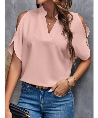 Camisa De Verano Con Cuello En V Liso Y Hombros Descubiertos