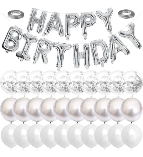 Silver Happy Birthday Globos Banner Globos De Confeti Blanco