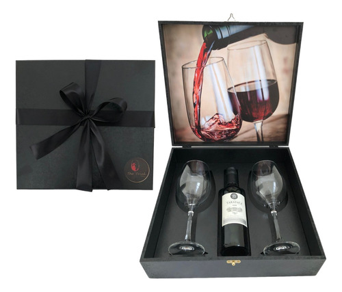 Kit Wine Vinho Tinto 375ml + 2 Taça Vidro + Caixa Presente