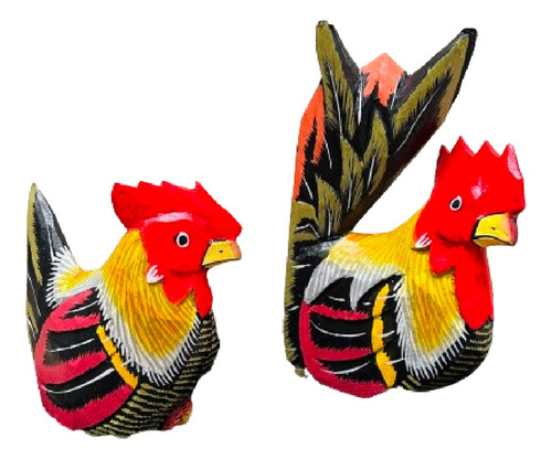 Pareja Gallo Y Gallina Tallado Y Pintado Artesanal Indonesia