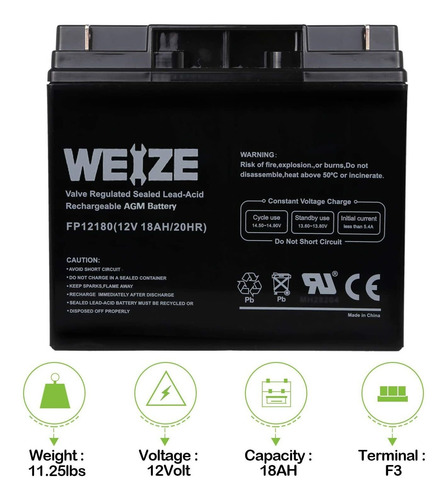 Weize 12v 18ah Batería Sellada Plomo Ácido Recargable Sla Ag