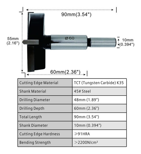 Bas Forstner, Carburo De Tungsteno De 60mm, Versión Me...