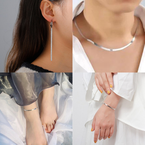 Imagen 2 de 10 de Set Collar Aretes Pulsera Tobillera Panza Vibora Acero Plata