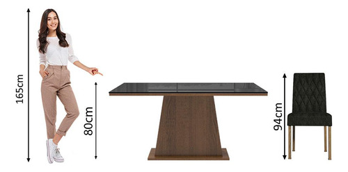 Sala Jantar Mesa Tampo Vidro 6 Cadeiras Stéfani Madesa Rpo Cor Rustic/Preto/Oxford Desenho do tecido das cadeiras Liso