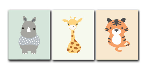 Triptico Cuadros Niños 40x30 Cms Set14 Rino Jirafa Tigre