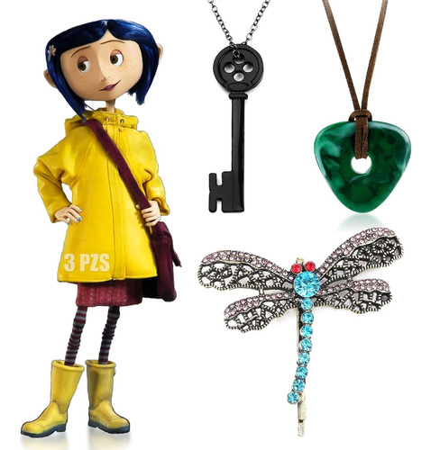 3pz Coraline Collar Piedra Verde+llave Botón+broche Libélula