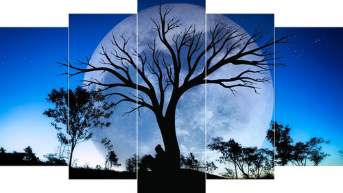 Cuadro Luna Silueta Arbol Arte 5 Partes