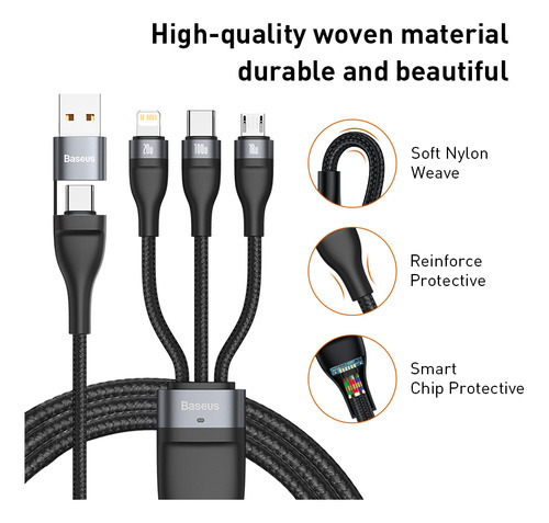 Cable cargador Baseus Triple Flash USB micro iPhone Tc de 100 W, color morado