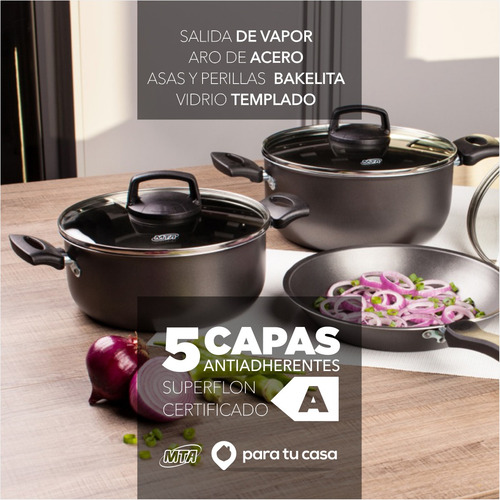 Batería De Cocina Cacerola 5 Pzas Aluminio Teflón Mta Ct
