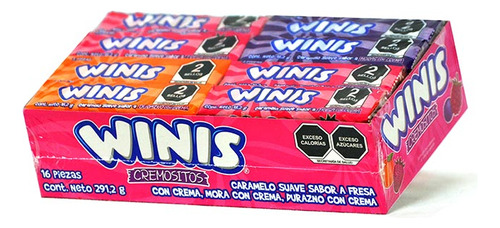 Winis Cremosito Caja 16 Pz Variedad Sabores Caramelo Suave Sabores Caja:fresas C/crema, Mora C/crema, Durazno C/crema
