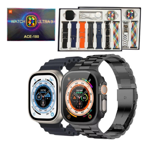 Reloj Smartwatch Ace-180 Ultra Con 7 Mallas Silicona + Funda Negro Gris