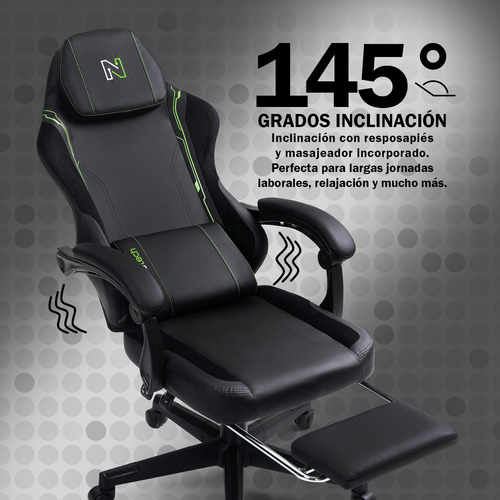 Silla Gamer Plus Ergonomica Masajeador Reposapies Nenotech Verde Cuero Sintético
