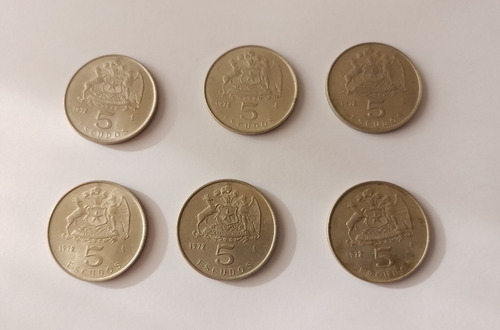 6 Antiguas Monedas De 5 Escudos Chilenas Del Año 1972 (Usado)