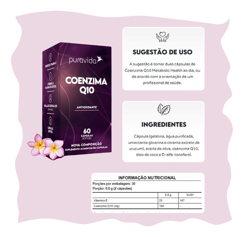 2x Coenzima Q10 + Vitamina E Com 60 Cáps Softgel - Puravida