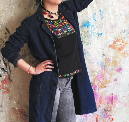 Blusa Top De Bordada Artesanal Negra De Algodón Talla M