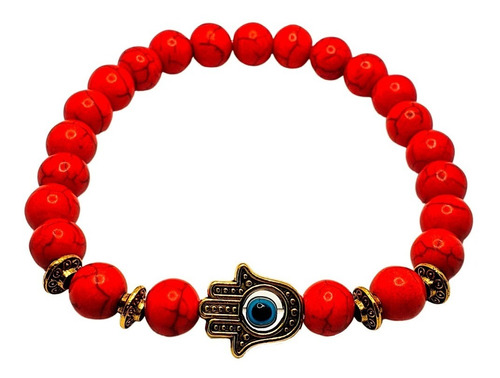 Pulsera Roja Mano De Fátima Con Ojo Turco Y Cuentas Doradas