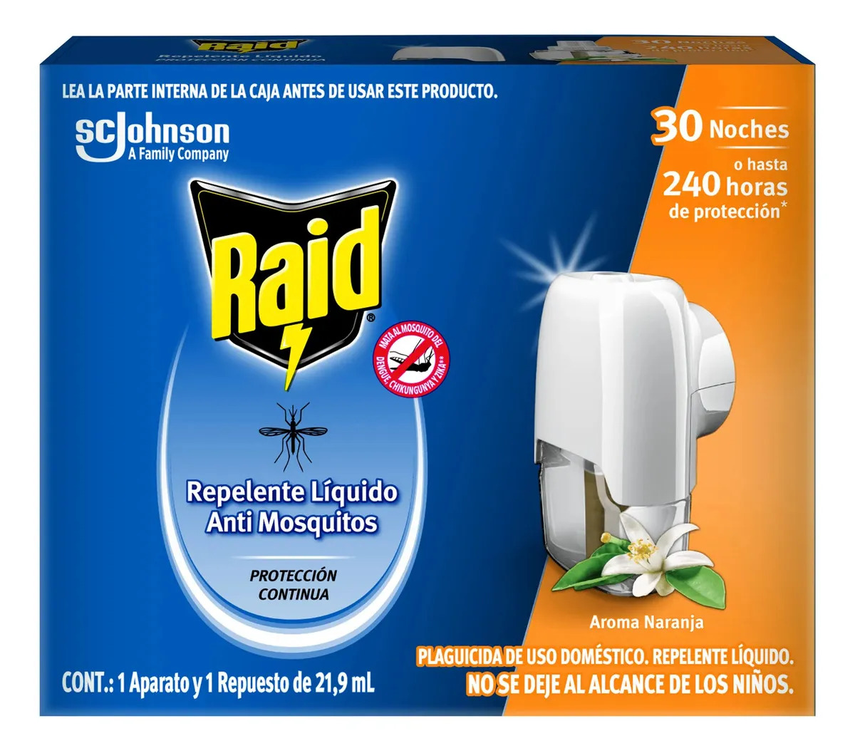 Raid Repelente Líquido Aparato 30 Noches, Con Aroma Naranja
