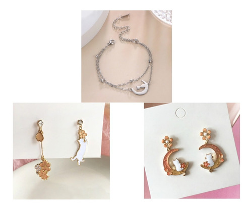 Set De Aretes Y Pulsera Gatos