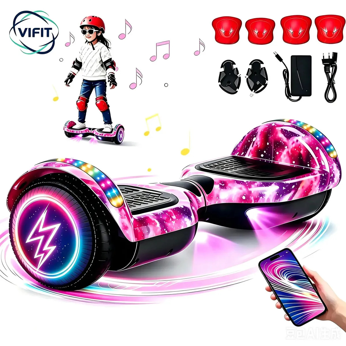 Hoverboard VIFIT Smart Balance de 6.5" com Bluetooth e Alto-falantes, Céu Estrelado Roxo
