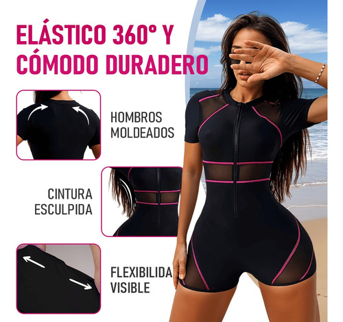 Kl Traje De Baño Una Pieza Manga Corta Negro Bikini Con