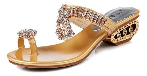 Sandalias Sexy Diamantes Imitación, Tacón Bajo Dorado Mujer