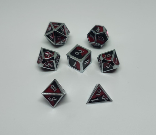 Set Dados De Metal X 7 Rol - #12 Rojo Y Negro Con Números Y Bordes Plateados