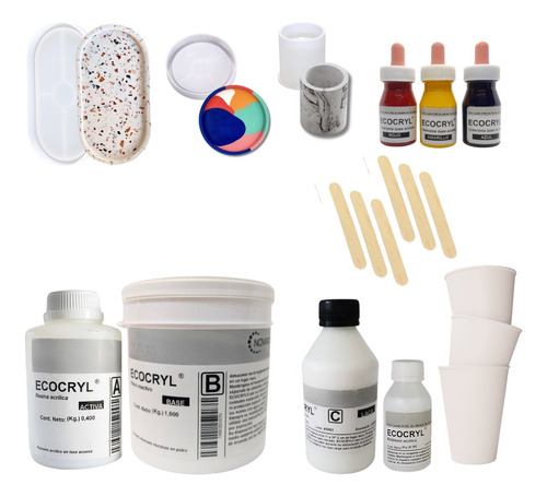 Kit Resina Acrílica 1.4kg Colorantes Moldes Herramientas