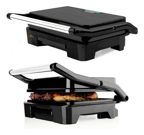 Grill Sanduicheira Mallory Chefpro 900w Black Inox Antiaderente Com Coletor Gordura