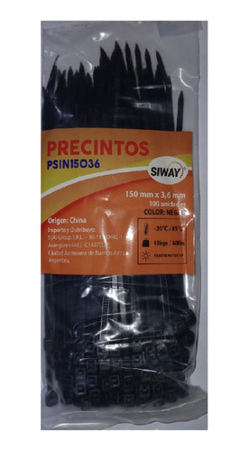  Precinto L.150mm Ancho 3.6mm  Negro - Bolsa X100 U - Siway